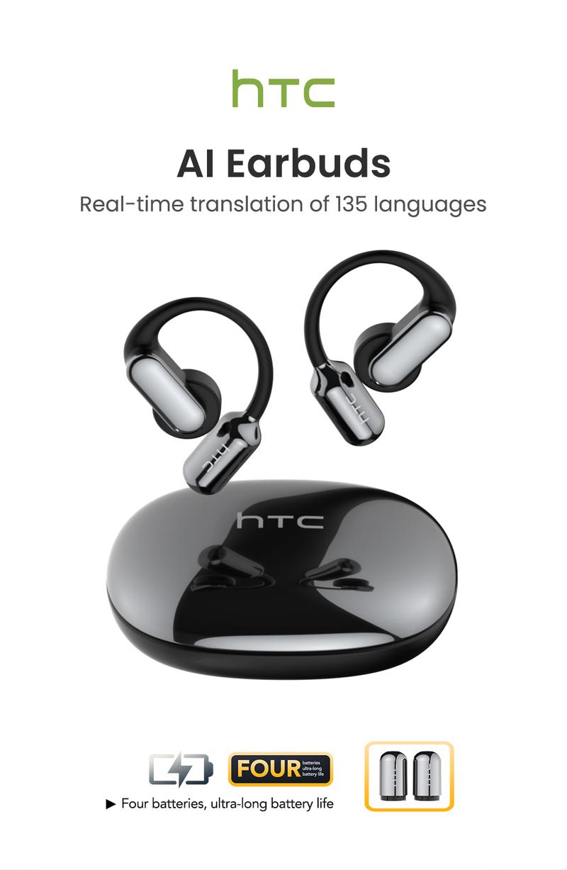 HTC NE50 True Wireless Open Earbuds (OWS), removable battery, long standby time, 134 language translation, Bluetooth 6.0, touch control, lightweight, built-in K microphone, supports music and calls