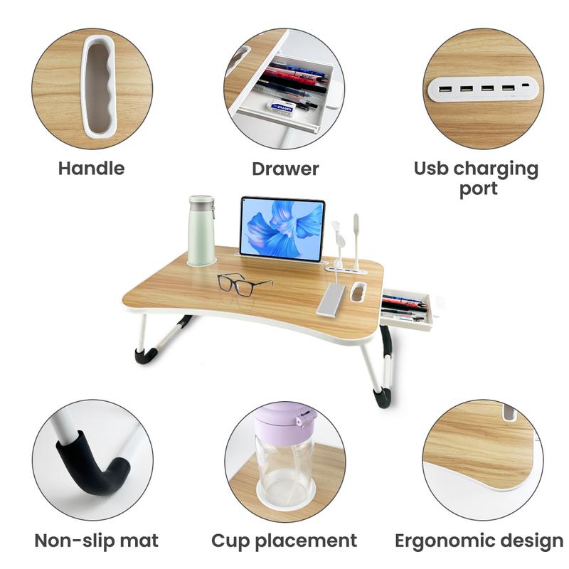 Portable Foldable Laptop Bed Desk with 4 USB Ports Storage Drawer Cup Holder Lap Desk for Bed Couch Outdoor Working Reading Ergonomic Design Multifunctional Features