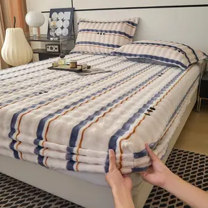 Luxury Plush Rabbit Embossed King Size Bedding Set, 3PCS Mattress Protector + 2 Pillowcases 17" Deep Pocket Fitted Sheet, 360° Full Encasement Warm Cozy for All Seasons Home Dorm