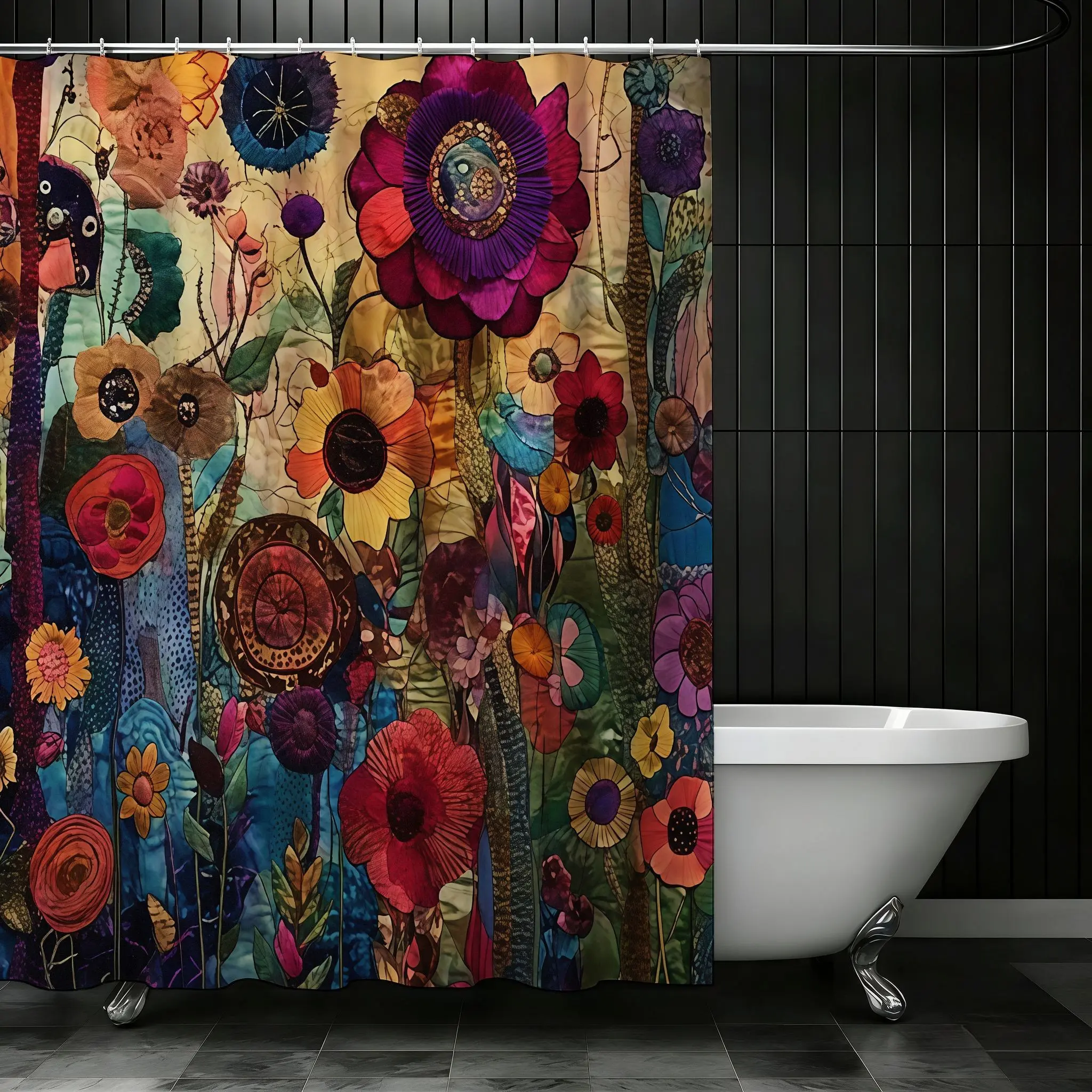 Vibrant Colorful Bohemian Floral Shower Curtain, Boho Shower Curtain, Artistic Design with Stylized Flowers, Eclectic Mixed-Media Background, Festive Bathroom Makeover