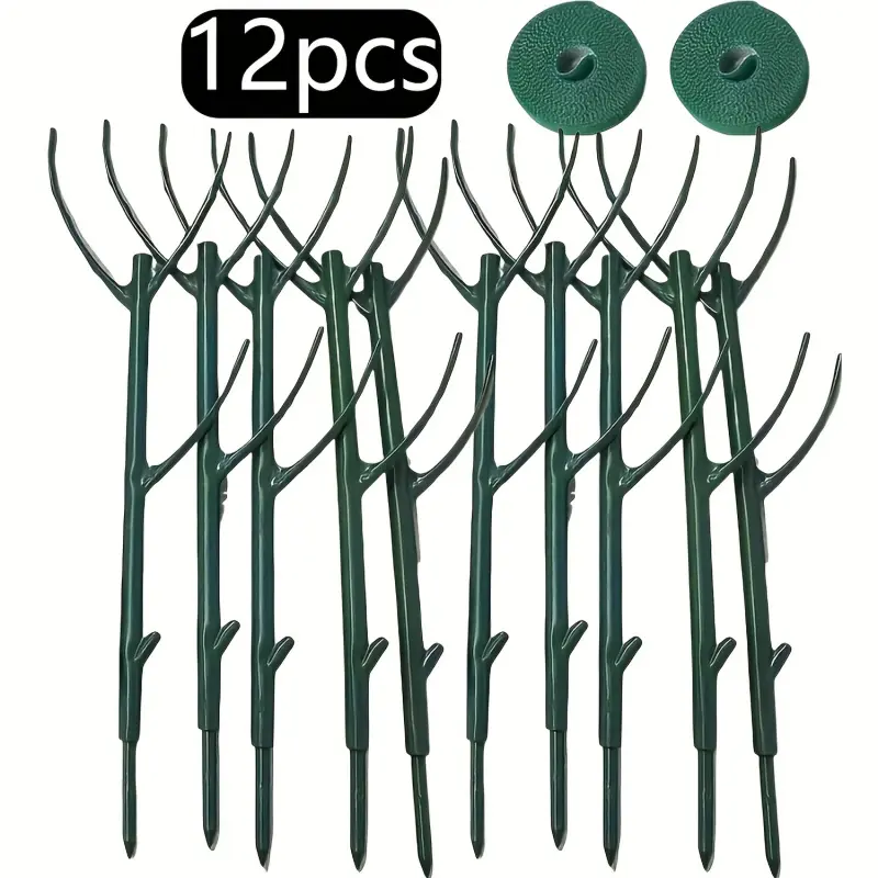 12pcs Stackable Plastic Plant Support Rings & Straps - Adjustable Fence Cages for Climbing Plants, Indoor/Outdoor Potted Plants - Durable Green Plant Stakes for Healthy Growth & Organization, Climbing Plant Stakes, Garden Arch Trellis, Garden Supplies