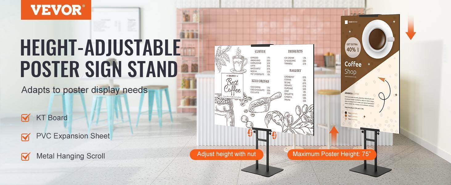 VEVOR Poster Stand, Adjustable Height Up to 75", Double-Sided Heavy Duty Pedestal Sign Holder, Floor Standing Sign Holder Banner Stand with Shock-absorbing Base for Display, for Board and Foam, Black
