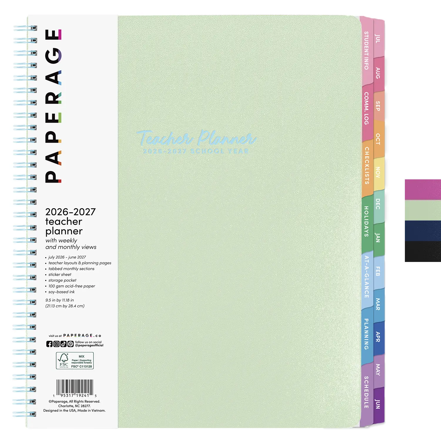 PAPERAGE Teacher Planner - Teacher Must Haves for Administrators, 12-Month Large Size Weekly & Monthly Academic Organizer (July 2026-June 2027, 9.5"x11") with Lesson Scheduling Tabs, Stickers, Inner Pocket (Office Stationery Supplies)