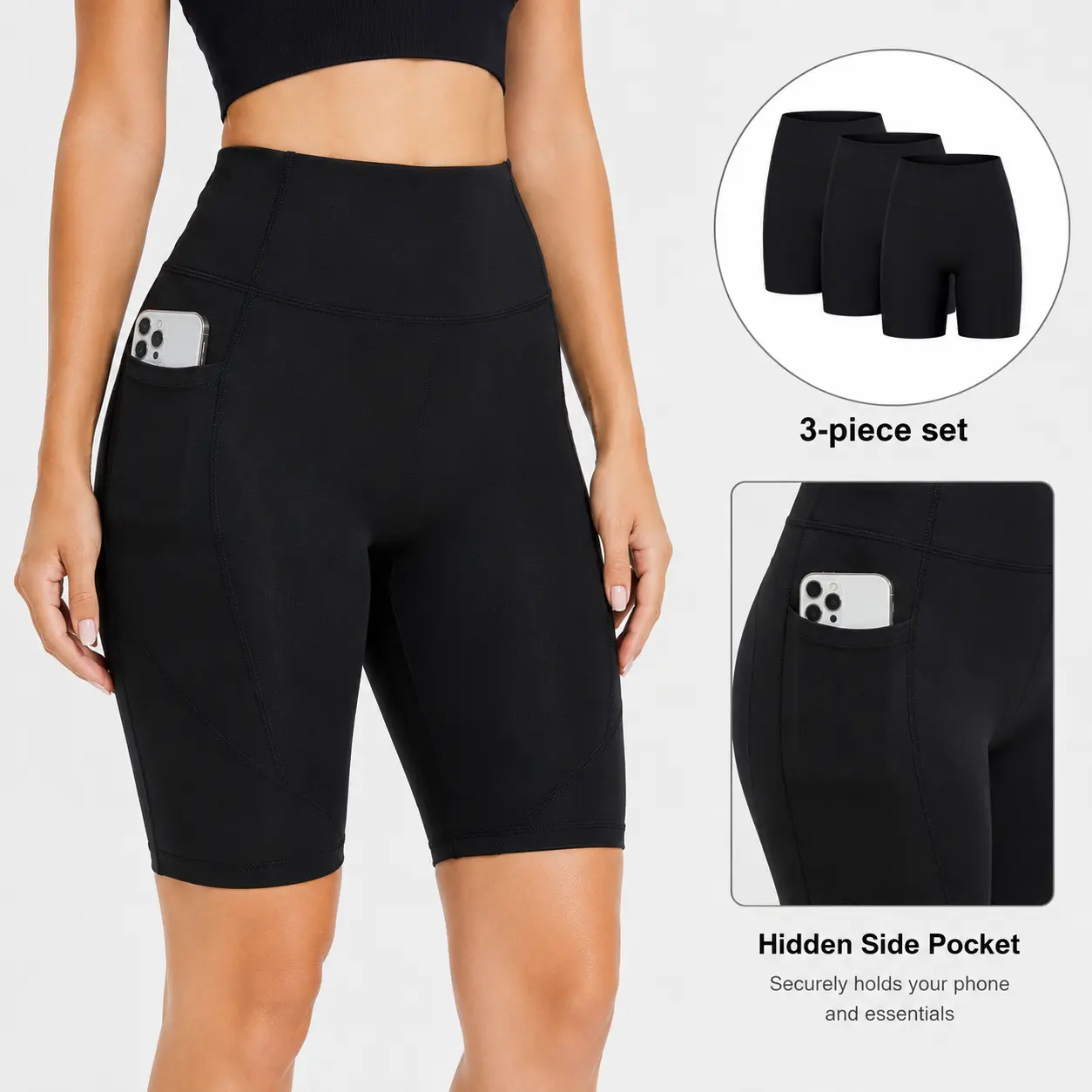 Women's 3-Pack 6" Biker Shorts with Pockets - High-Waisted, Tummy Control, Breathable Spandex Mix, Female Sport Shorts for Yoga, Gym, Seamless Design, Universal Sport Use