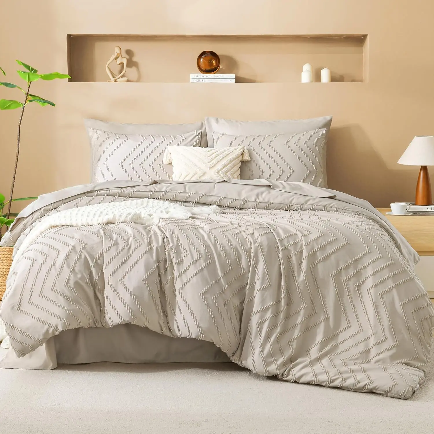 Litanika 7-Pieces Chevron Tufted Boho Bedding Set, Microfiber Comforter Set with 1 Comforter, 1 Flat Sheet, 1 Fitted Sheet 14" Deep Pocket, 2 Pillowcases & 2 Pillow Shams,back to school,back to school shopping,home decor