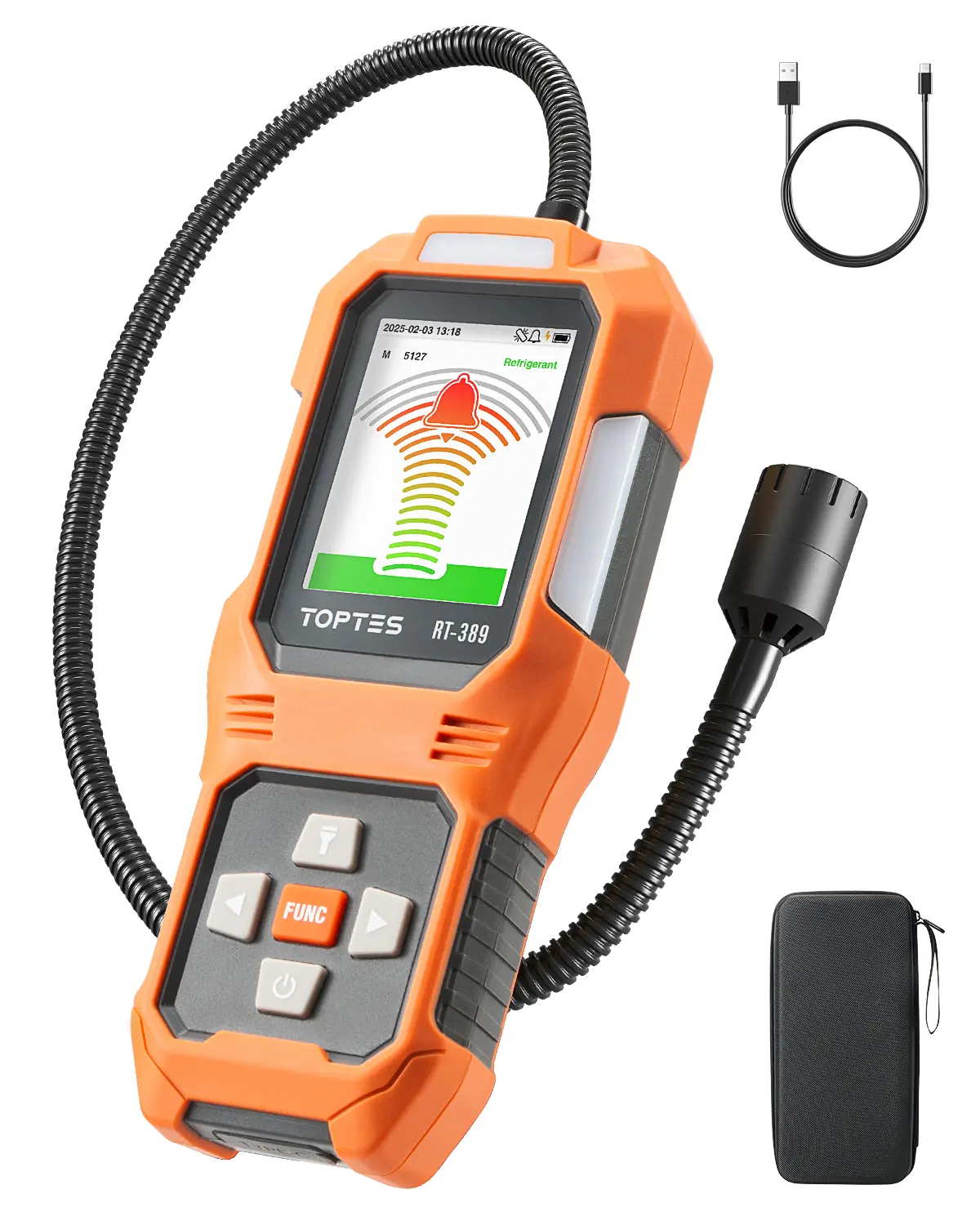 TOPTES RT-389 High Quality Rechargeable Refrigerant Leak Detector with Waterproof Alarm, 3 Sensitivity Modes, 3 Alarm Types, Dual Display Modes, USB-C Charging & Batteries for HVAC CFCs, HCFCs, HFCs, HFOs, HCs #summerfinds, Charging Cable