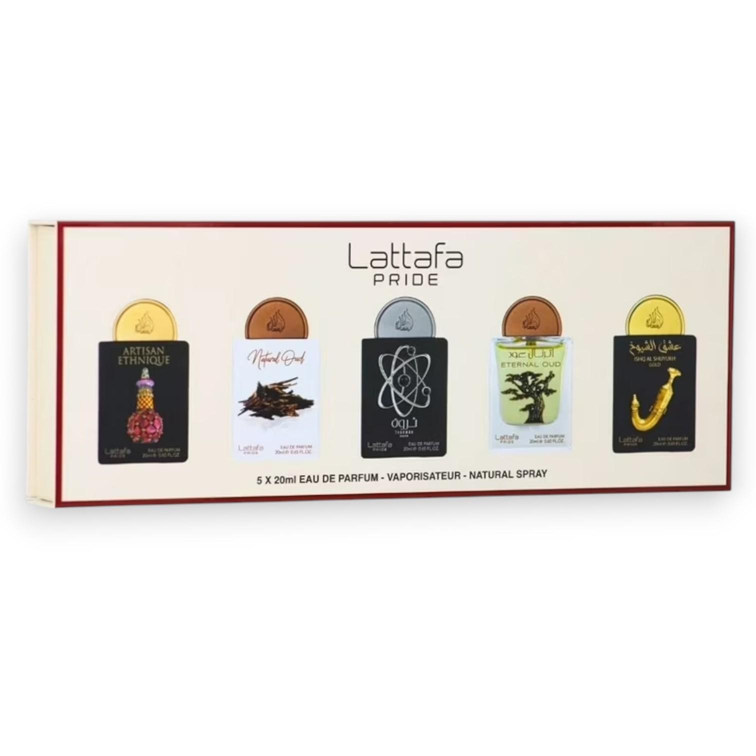 Lattafa Perfumes | Pride Mini Collection | Artisan Ethnique + Natural Oud + Eternal Oud + Ishq Al Shuyukh Gold + Tharwah Silver | Eau De Parfum | 20 ML | Rum - Caramel & Vanilla Notes