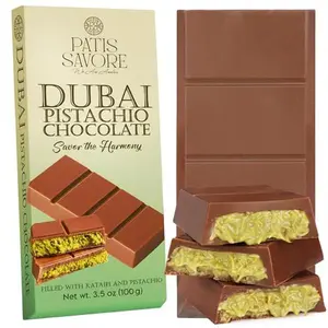 Patis Savore Dubai Chocolate Bar Pistachio - 3.5 oz Dessert with Pistachio Cream & Kataifi Filling | Gourmet Chocolate | Elegant Gift