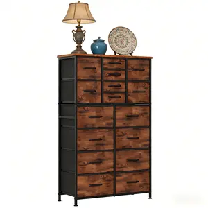 16 Drawer Fabric Dresser Storage Tower, Tall Chest Organizer with Wood Top and Steel Frame for Bedroom Closet Hallway