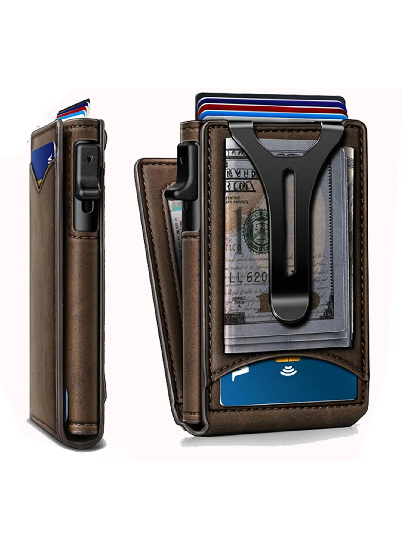 Men's Slim Durable Aluminum Card Wallet - Cash Clip, 9-Card Holder, Advanced RFID Blocking, Pop-Up Design, ID Window, Magnetic Front Pocket for Everyday Use, Metal