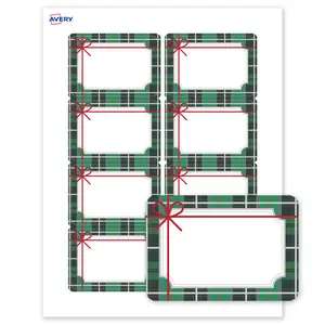 Avery Printable Adhesive Name Tags, 2-1/3" x 3-3/8", Matte White, Pre-printed Metallic Silver & Green Plaid Border Design, Laser & Inkjet Compatible, 160 Total