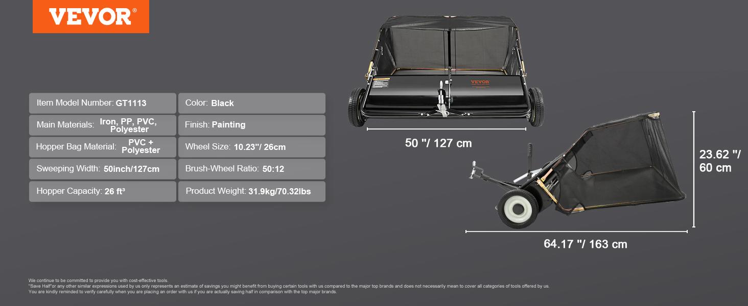 VEVOR Lawn Sweeper, 48.5"/26 cu. ft Large Capacity Tow Behind Yard Sweeper, Dumping Rope Design & Heavy Duty Leaf & Grass Collector with Adjustable Sweeping Height for Picking up Debris and Grass