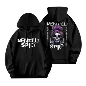 Mentally Spicy Hoodie Purple Messy Bun Skeleton Hands Sassy Skull Design Unisex Black Long Sleeve Pullover for Spicy Souls