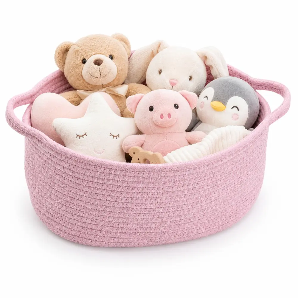 Small Woven Gift Basket Empty with Bag & Ribbon,Durable Baskets for Graduation Gifts,Empty Small Rope Basket for Storage 12"X 8" X 5" Baby Toy Baskets with Handles,pink
