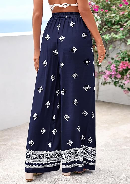 PrettyGarden Women's Wide Leg Palazzo Pants  Summer Boho Floral Trousers Spring Flowy Beach Vacation Clothes Resort Wear
