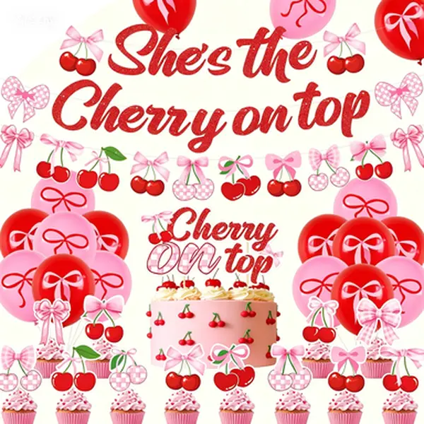 Fruit Cherry Theme Party Decorations,She's The Cherry On Top Summer Banner,Set for Birthday Baby Shower Wedding Bridal Shower,Cherries Party Supplies Include Cake Topper Latex Balloons
