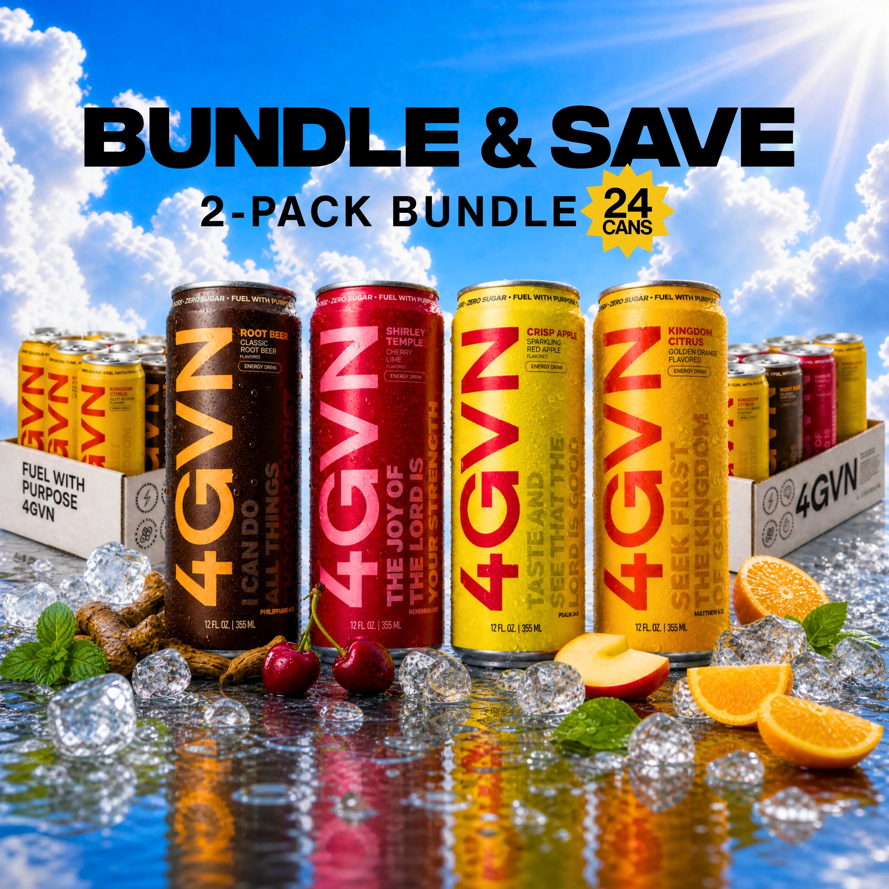 4GVN Christian Energy Drink – Classic Variety Pack, 12 Cans, 200mg Natural Caffeine, Zero Sugar Fizzy Fruit Flavor Soda, Built for Believers