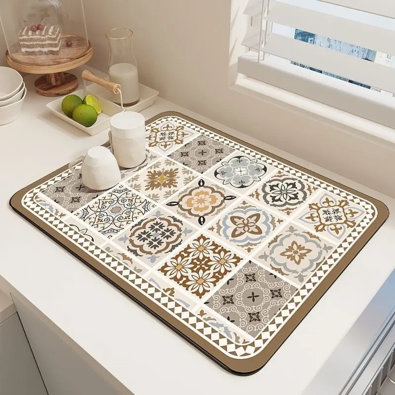 Vintage Kitchen Countertop Water Absorbent Mat, Quick-Dry Table Pad, Easy to Clean Diatomaceous Earth Dinner Mat, 1pc