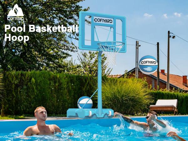 COFIYARD 32-inch swimming pool basketball hoop, equipped with a shatterproof backboard, with adjustable height ranging from 2.95 to 3.95 feet. It also comes with two basketballs and an air pump. Suitable for teenagers and adults.