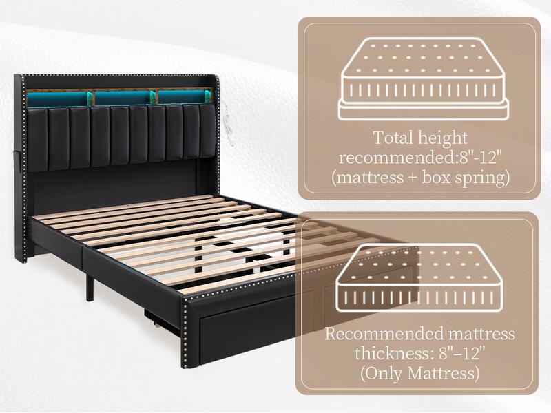 SIBEDS Queen LED Bed Frame with Storage Drawers Modern Platform Bed with 2-Tier Linen Upholstered Wingback Headboard Channel Tufted Rivet Detail No Box Spring Needed