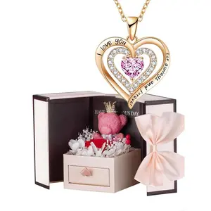 Heart Shaped Pendant Necklace with Rose Gift Box, Rhinestone Decor Necklace for Women for Gift, Fashion Jewelry for Party, Daily Decor, Trendy All-match & Exquisite Jewelry for Valentine's Day Gift, Love Heart Necklace