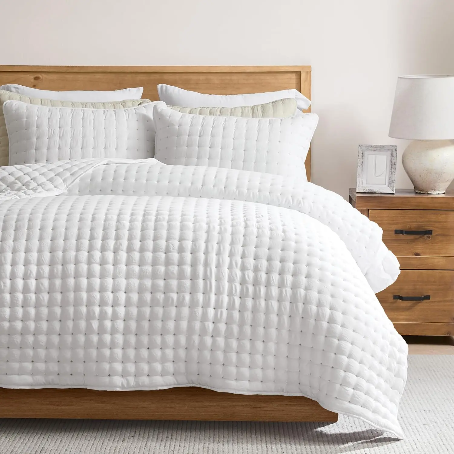 【Back to School】WDCOZY Cross-Stitch Design Quilt Bedding Set – California King/King/Queen/Twin, 2 Pillow Shams, Lightweight Soft Bedspread/Coverlet, All-Season Summer Luxury，Bedspread Summer,back to school,back to school shopping,home decor