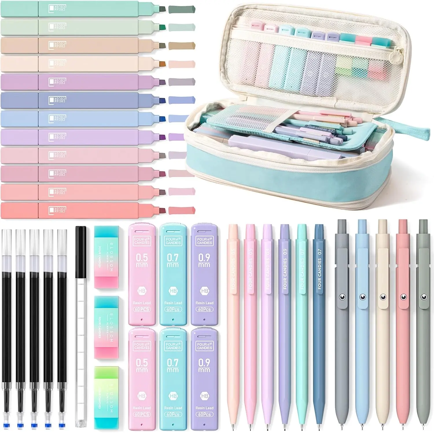 【back to a school shopping】Four Candies School Supplies with Cute Pencil Case, 39ct | Back to School Stationery Set, Essentials for College & Nursing Students, 5 Gel Pens, 6 Mechanical Pencils, 12 Highlighters