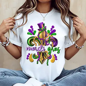 GGOR Women Casual T-Shirt White Mardi Gras Fleur De Lis With Beads And Hat Design For Festival Celebration