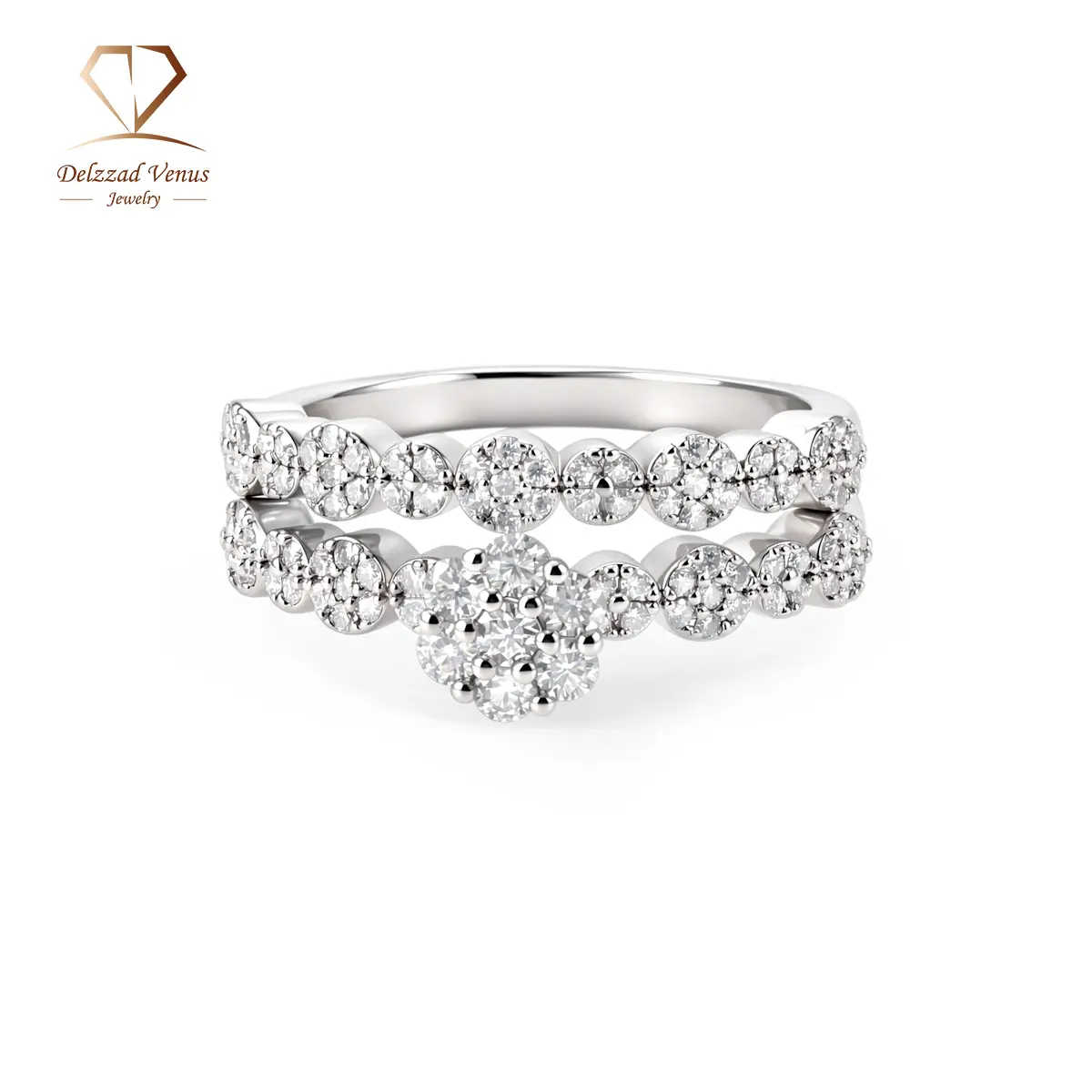 Delzzad 0.7ct VVS Synthetic Moissanite Petal Bloom Stack Ring Set - Elegant Engagement Ring, Round Stone Copper Stackable Bands, High Fire Bloom Theme Gift for Wedding