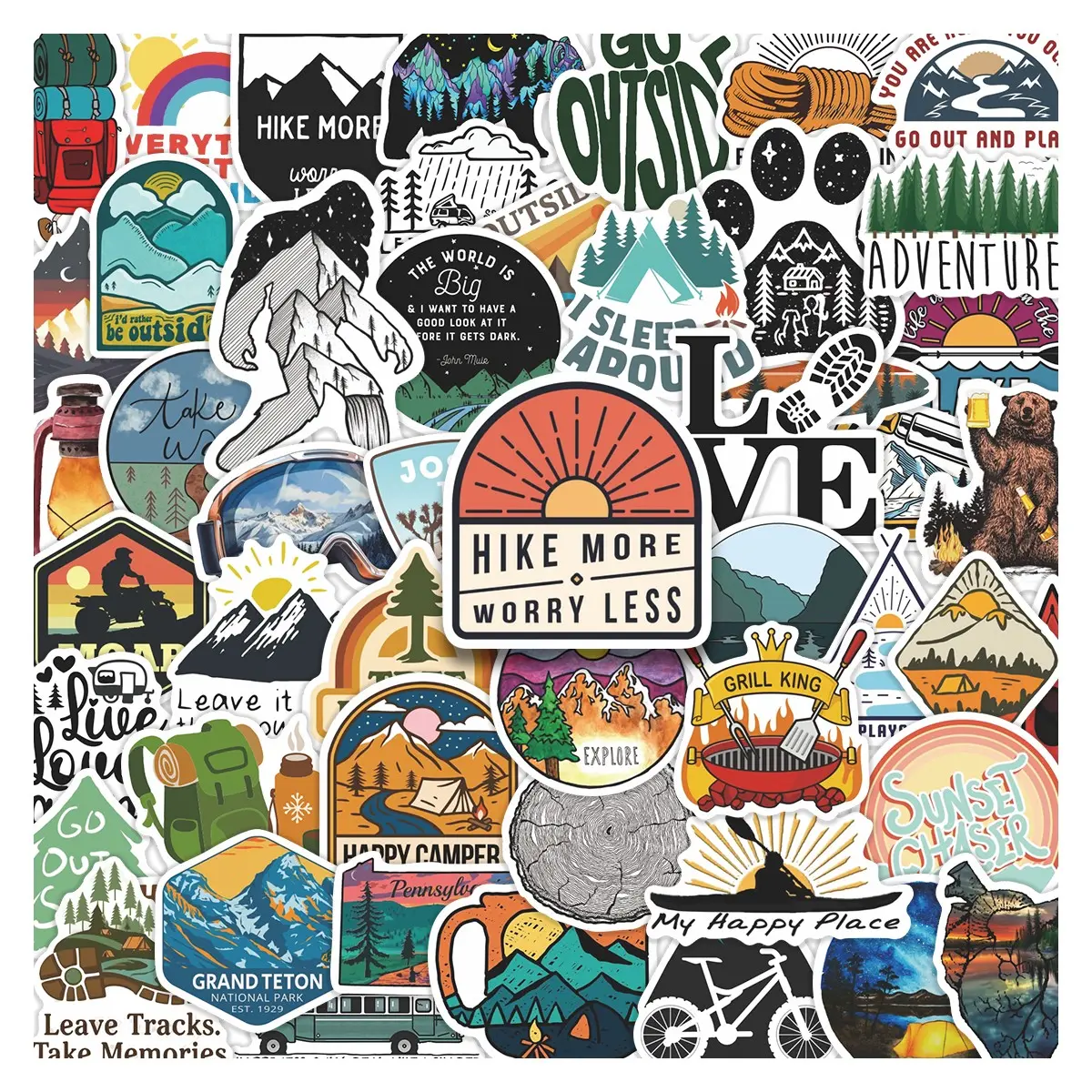 50pcs Outdoor Camping Adventure Sticker Set, Pack, Waterproof Vintage Hiking Mountain & Nature Decals for Laptop, Water Bottle, Journal, Scrapbook & Scrapbooking, Outdoor Enthusiast Gift, DIY Sticker, Graphic Decal, Sticker Collage Pack, Nature Stickers