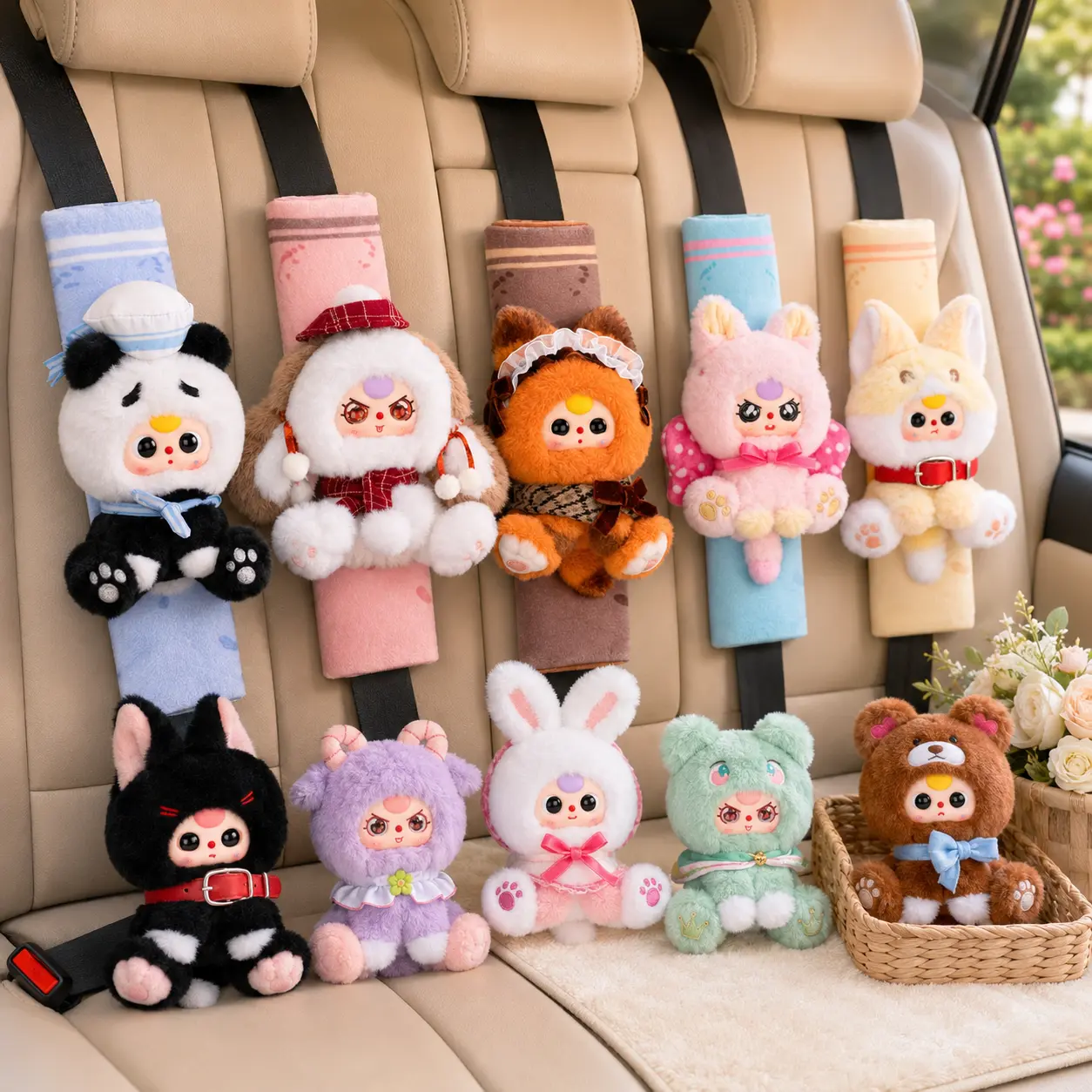 Brand New Baby 3-Car Seatbelt Shoulder Pad Blind Box - Animal Cuties, Fluffy Look, Seat Belt Guard, Soft Plush, 22.1 cm Height Collectible Plushie