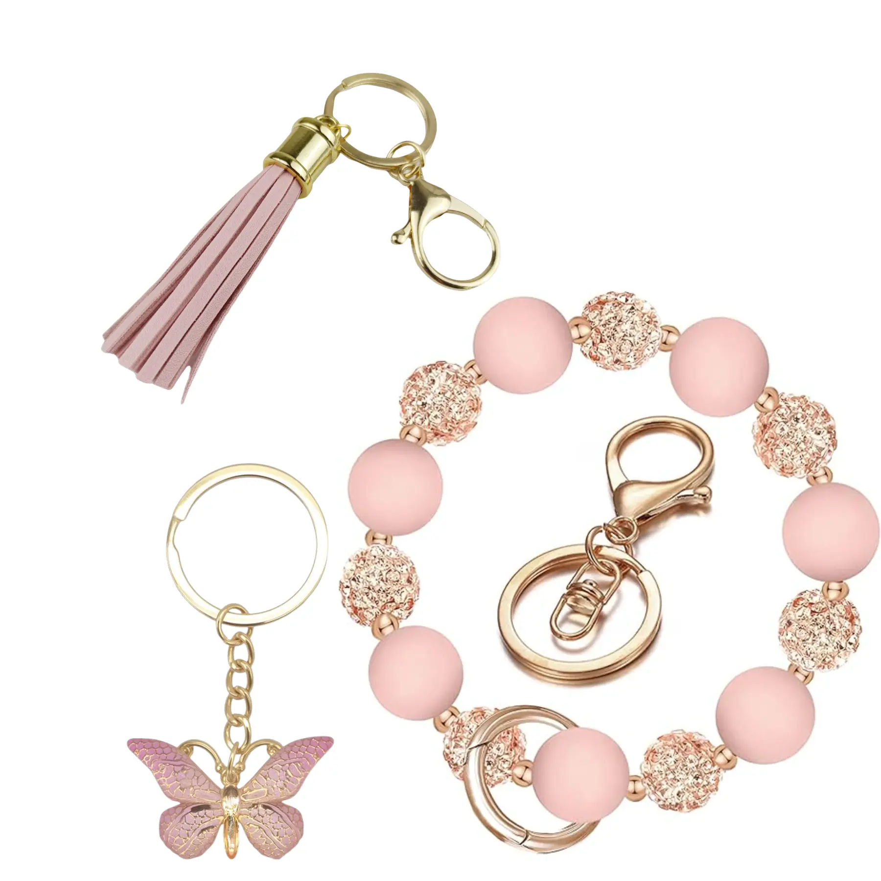 Key Ring Bracelet Car Keychain Holder Wristlet Silicone Women Beaded Bangle Chains 3Pcs-Set