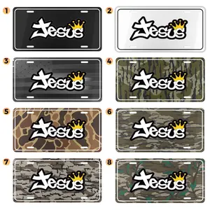 Jesus Script Crown License Plate, 12x6 Aluminum Vanity Tag, Christian Car Accessory, Woodland Camo Background, Gift