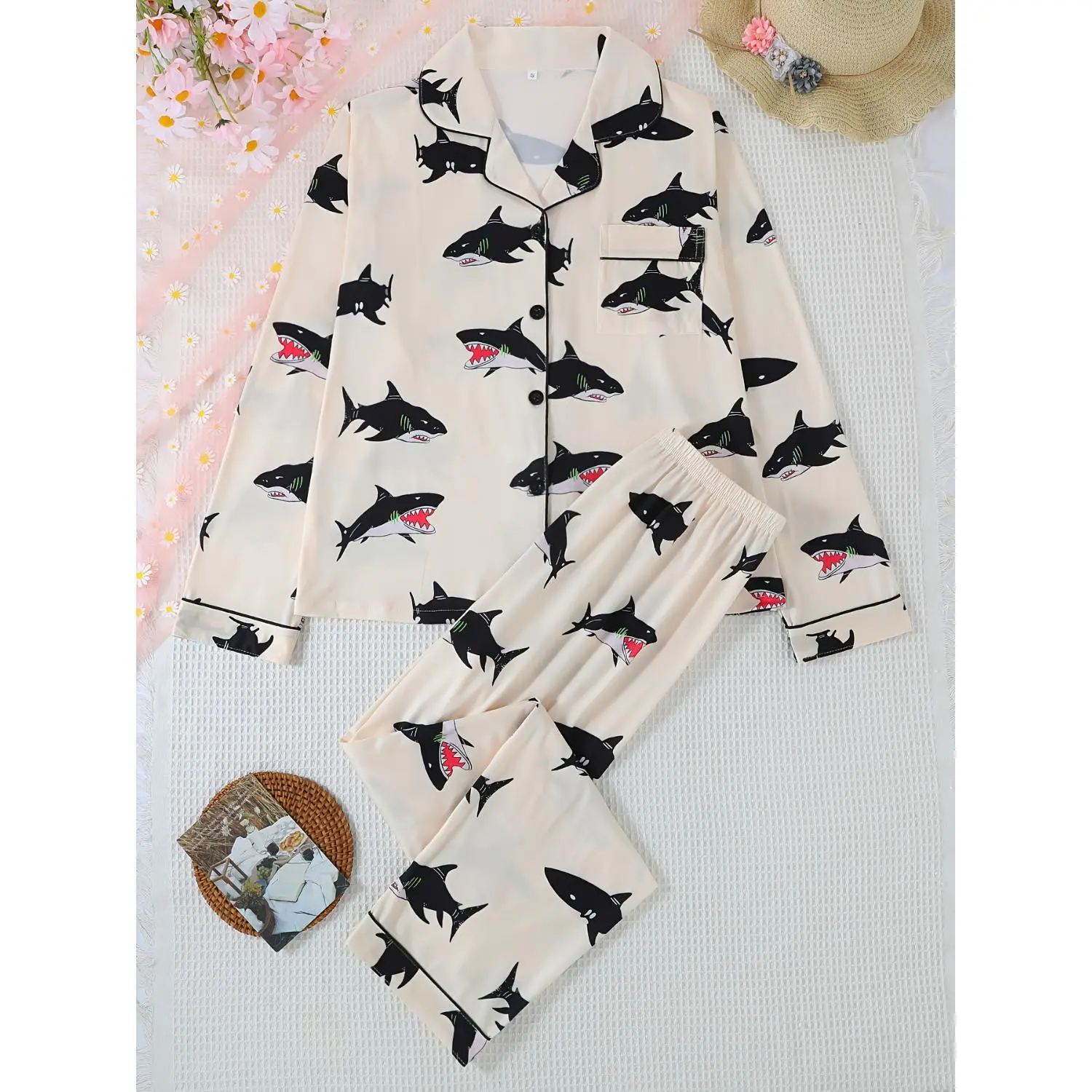 A Two-Piece Set of Autumn And Winter Women'S Pajamas, Featuring a Loose Cardigan with a Lapel, Long-Sleeved Top, And Long Pants, Adorned with a Cute Shark Print. This Comfortable Loungewear Is Suitable for All Seasons And Can Be Worn As Home Attire
