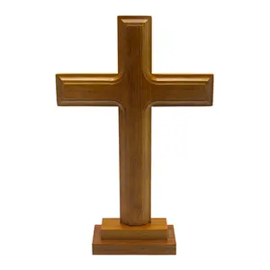 Wooden standing cross display altar with stand, double-sided tabletop for home, chapel, or church