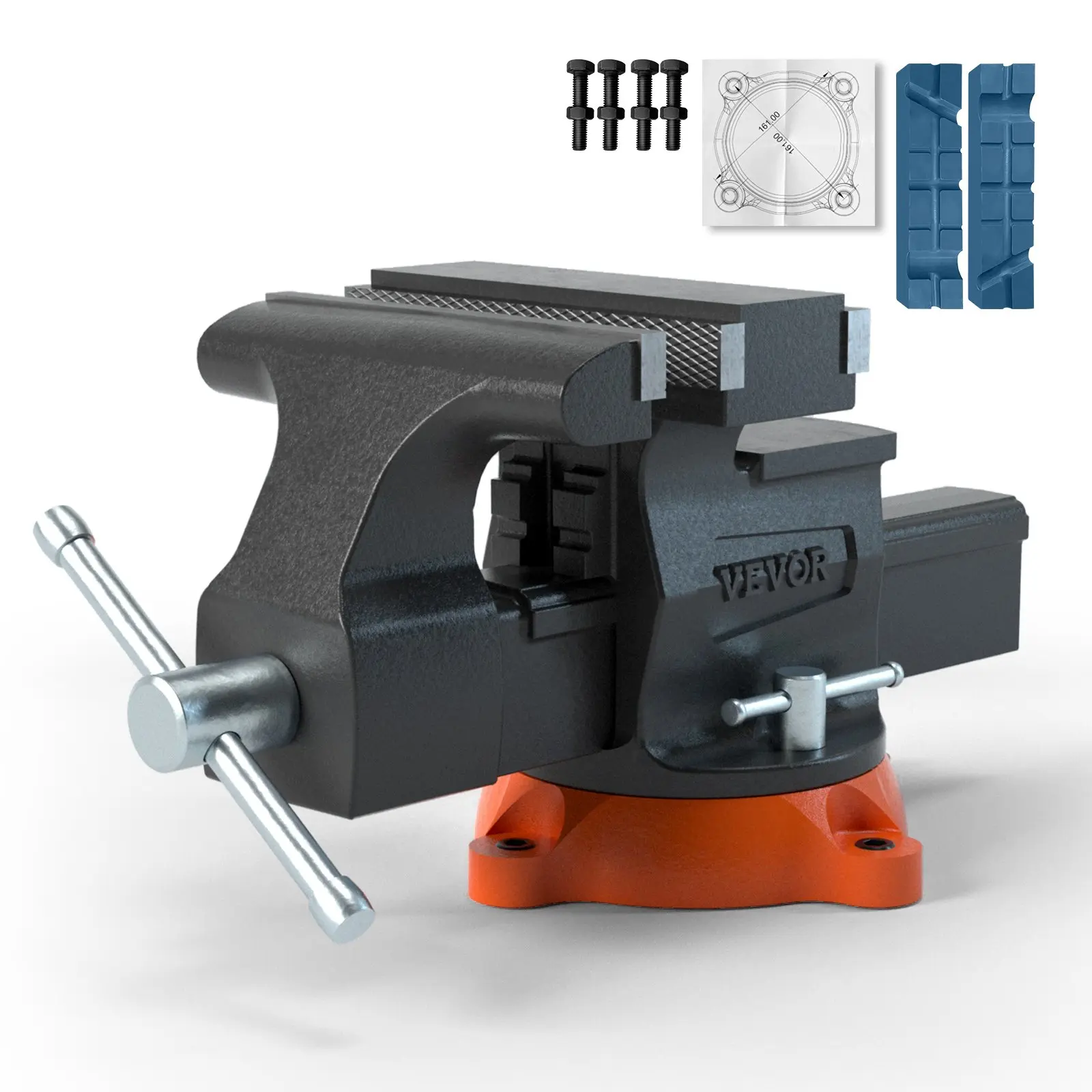 【Summerfinds】VEVOR Bench Vise Hardware - 6.5" Jaw Width, 6.5" Forward Opening, 9.3" Reverse Opening, 360-Degree Swivel Locking Base, Heavy-Duty Ductile Iron with Anvil, Bolts & Nuts - Multipurpose for Drilling, Pipe Cutting - Work & Mechanic Tools, Work T