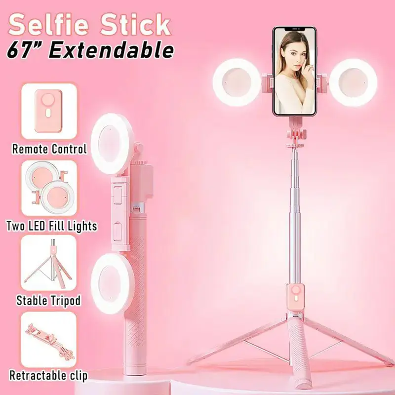 67 Selfie Stick Tripod with Ring Light 360°Rotation, Dual Fill Lights, Selfie Light, Wireless Remote for iPhone Android phone tripod for Vlog stand content Gifts Compact Extendable Cellphone Adjustable