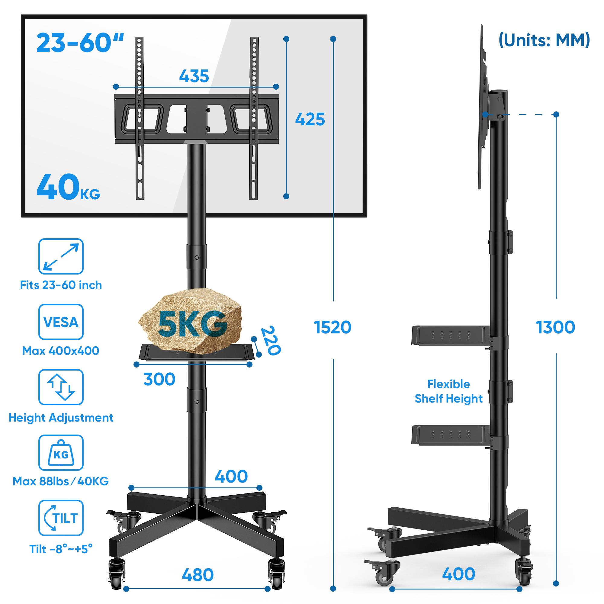Forged Mobile TV Stand. Suitable for 23-65-inch LCD/LED flat-panel/curved TVs. 15° tilt TV cart. Capacity up to 88 lbs. Portable stand with laptop holder. Rolls flat to the floor. Lockable wheels. Max VESA 400x400mm. HeightAdjustable Portable TVStand with