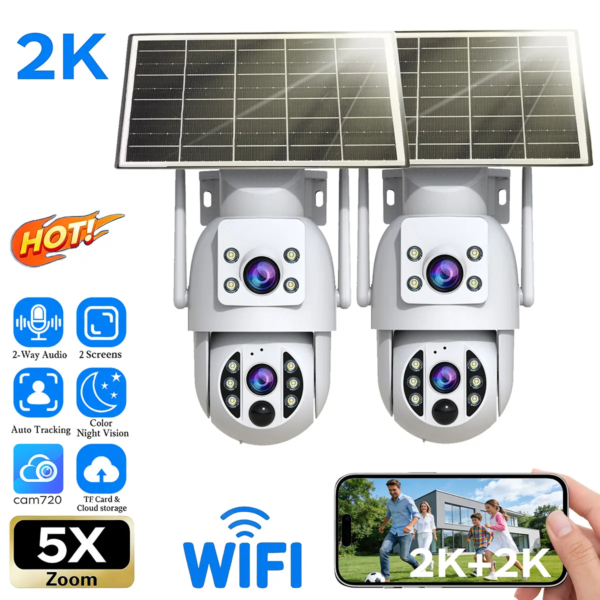 【JOOAN Wireless Solar Dual Lens 2K+2K FHD Smart Security Camera】Outdoor And Indoor 360° PTZ Dual Screen, IP66 Waterproof, PIR Human Detection, Color Night Vision, Continuous solar power supply, SD/Cloud Storage (Optional), 2.4G WiFi, Alexa Compatible