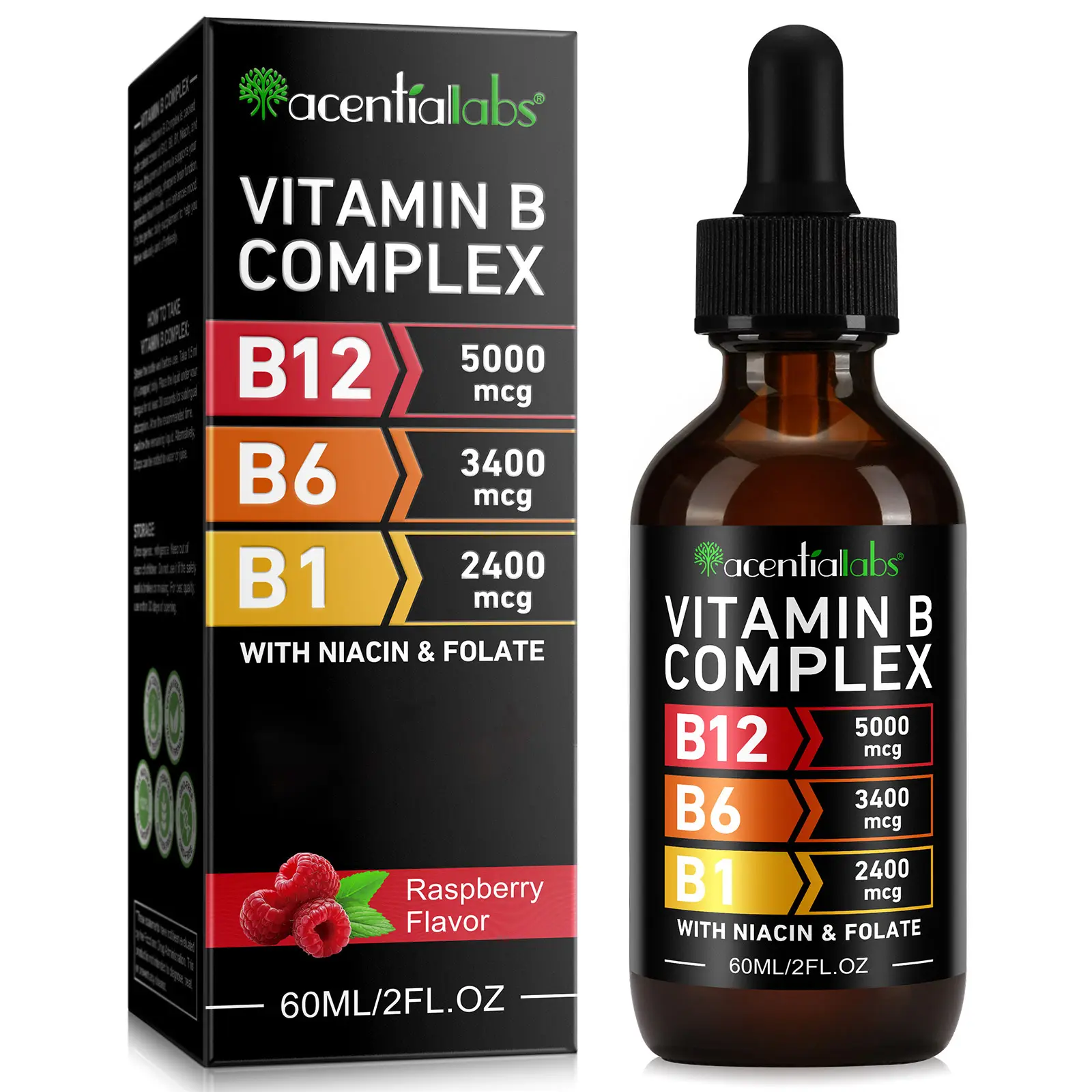 Acentiallabs Methylcobalamin B12 Liquid Drops (5000 mcg) - UK Sugar-Free, Gluten-Free Sublingual B Complex Vitamin Supplement with B6, 60ml Vegetarian Water-Soluble Edible Dietary Healthcare for Adults' Energy Boost, Camping Essentials tiktokshopbacktosch