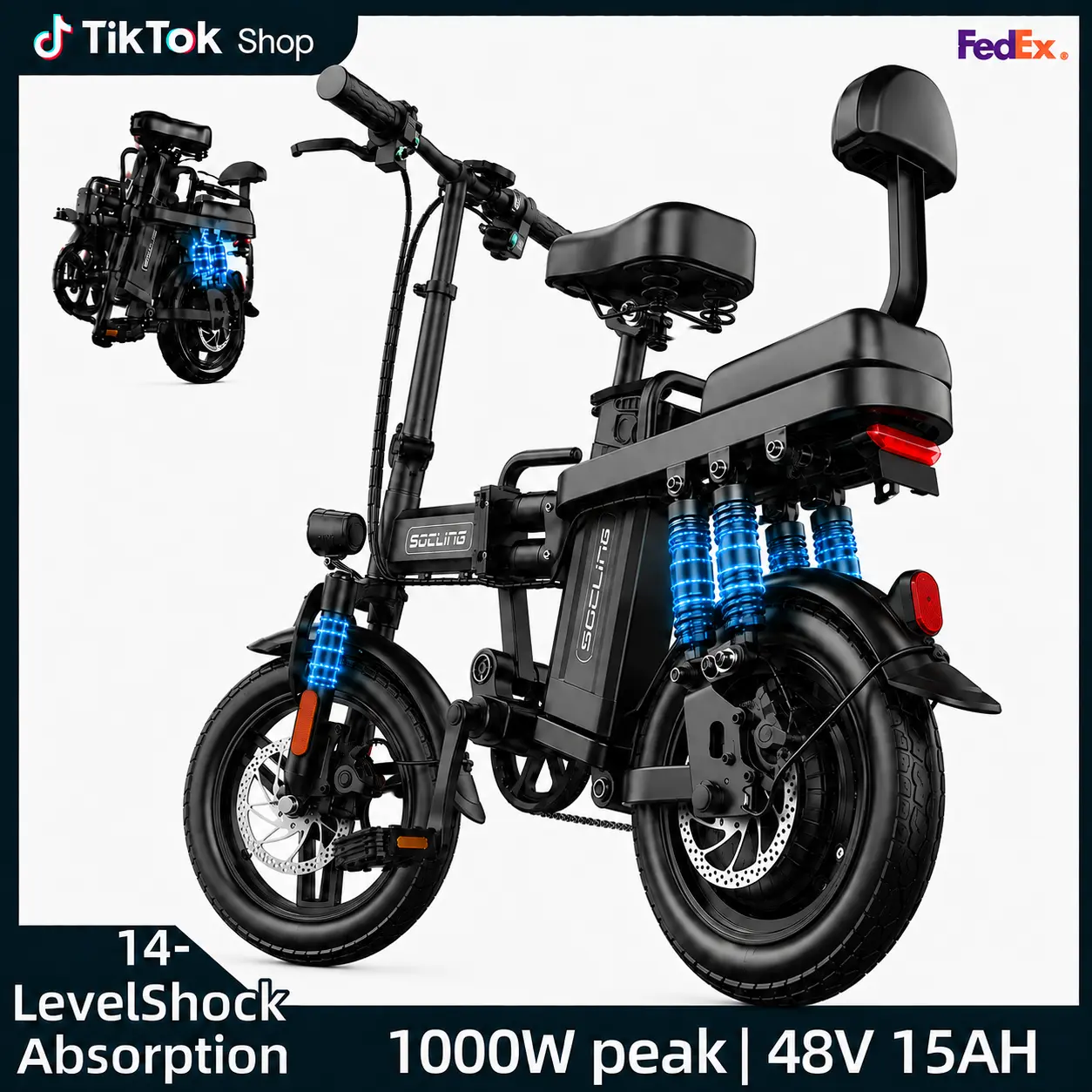 Adult Compact Fold Ebike - Dual Foldable Seat, 1000W Peak Motor, 48V 15Ah Battery, 20 mph Speed, 40+ mi Range, 14-Level Multi-Shock Absorption, Dual Brakes, Puncture Tires, Includes Wheels, Pedals, Charger - Sports & Outdoor Cycling Equipment sohochic