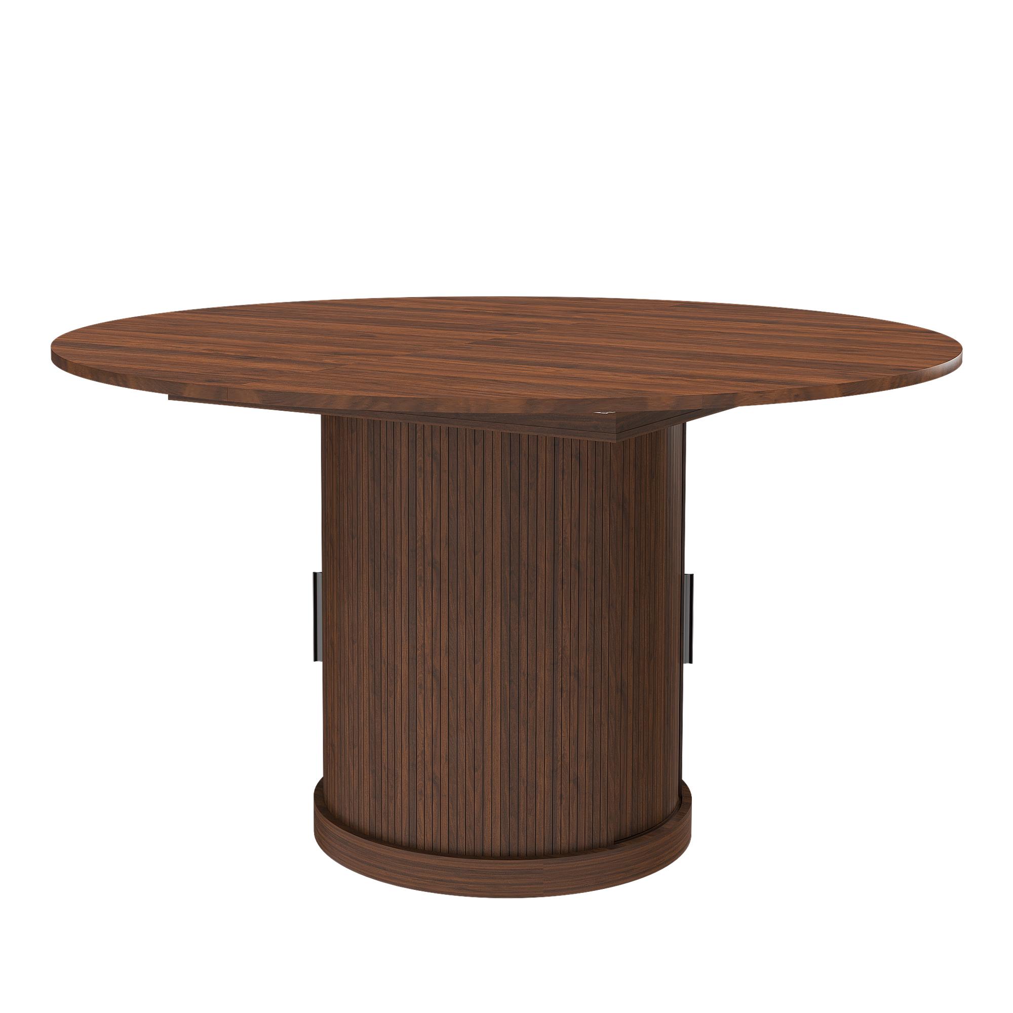 59" Extendable Oval Dining Table with 2-Tier Storage for 4-6, Space Saving Expandable Kitchen Table in Walnut Brown, MDF with Walnut Finish & Pedestal Base 59" Extendable Oval Dining Table with 2-Tier Storage for 4-6, Space Saving Expandable Kitchen Table in Walnut Brown, MDF with Walnut Finish & Pedestal Base