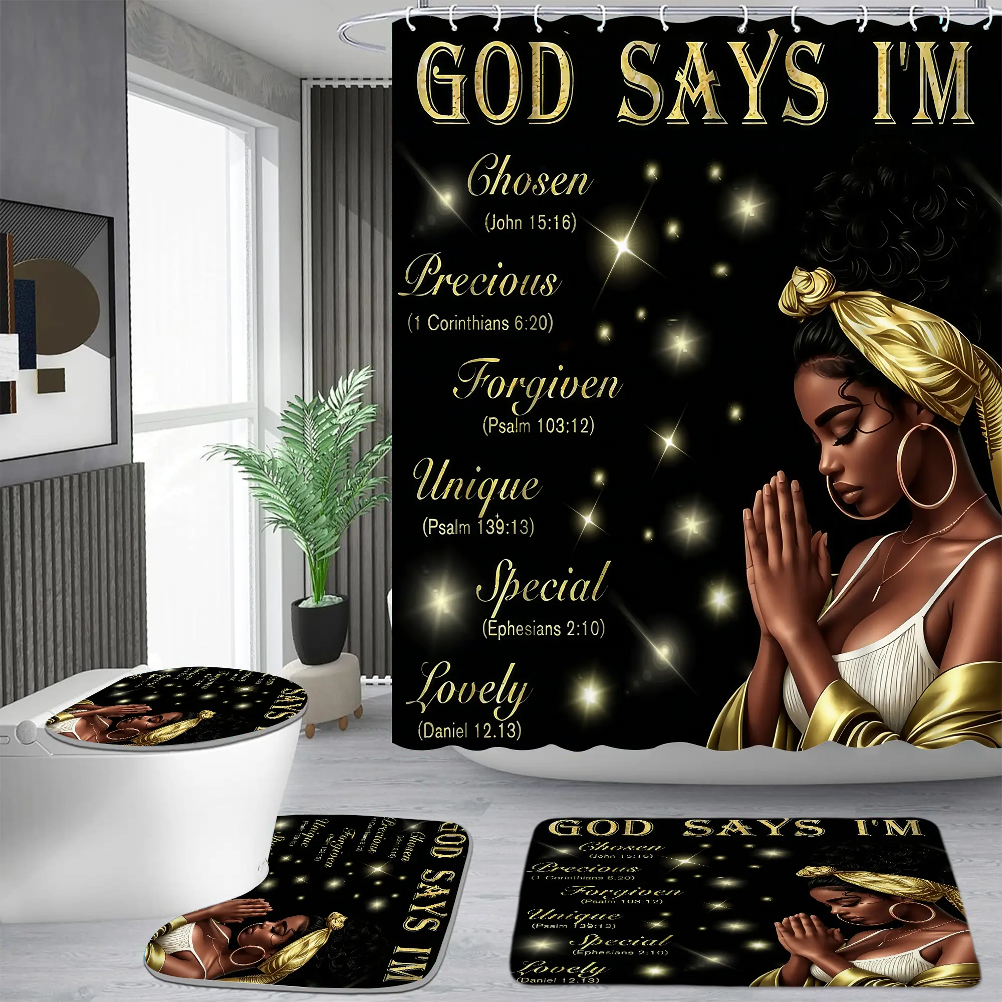 Black and gold African-American prayer female pattern shower curtain set, waterproof shower curtain with 12 hooks, non-slip bathroom carpet, toilet U-shaped cushion, toilet seat cover cushion, bathroom shower curtain set, perfect moving gift.