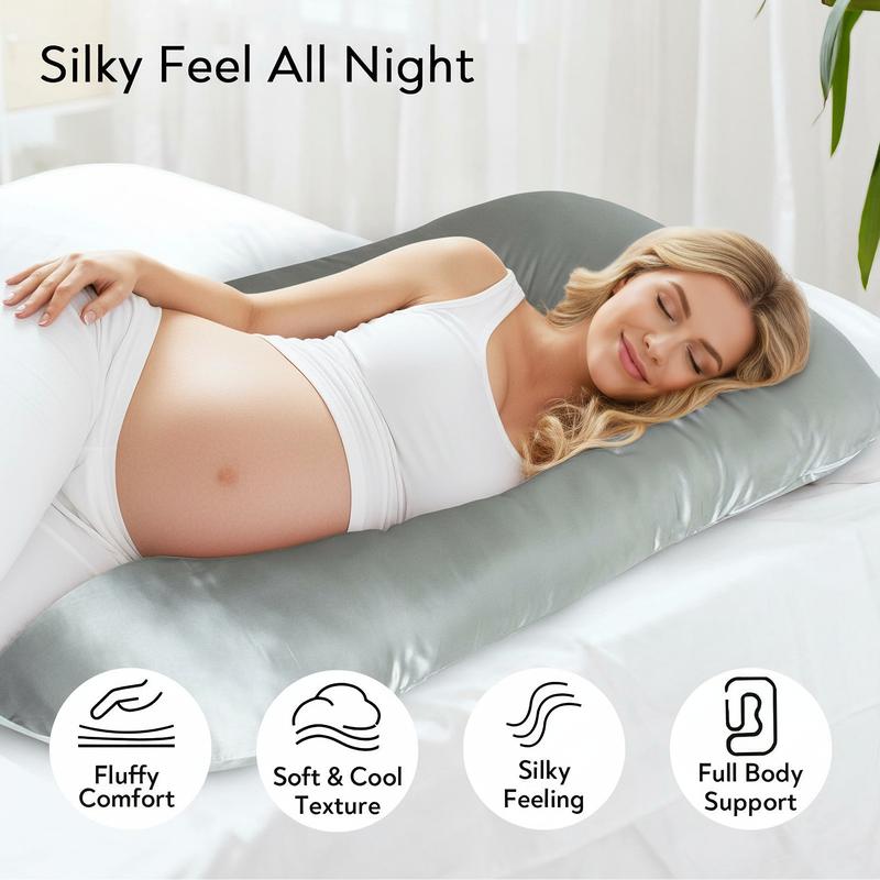 Cooling Satin Pregnancy Pillow with Removable Silky Luxurious Cover, 60 Inch Cozy J-Shape Full Body Maternity Pillows Nursing Pillow Gifts for Pregnant Women Side Sleepers Sleeping Abdominal Lumbar Neck Back Leg Support, Solid Grey #TiktokshopStockUp