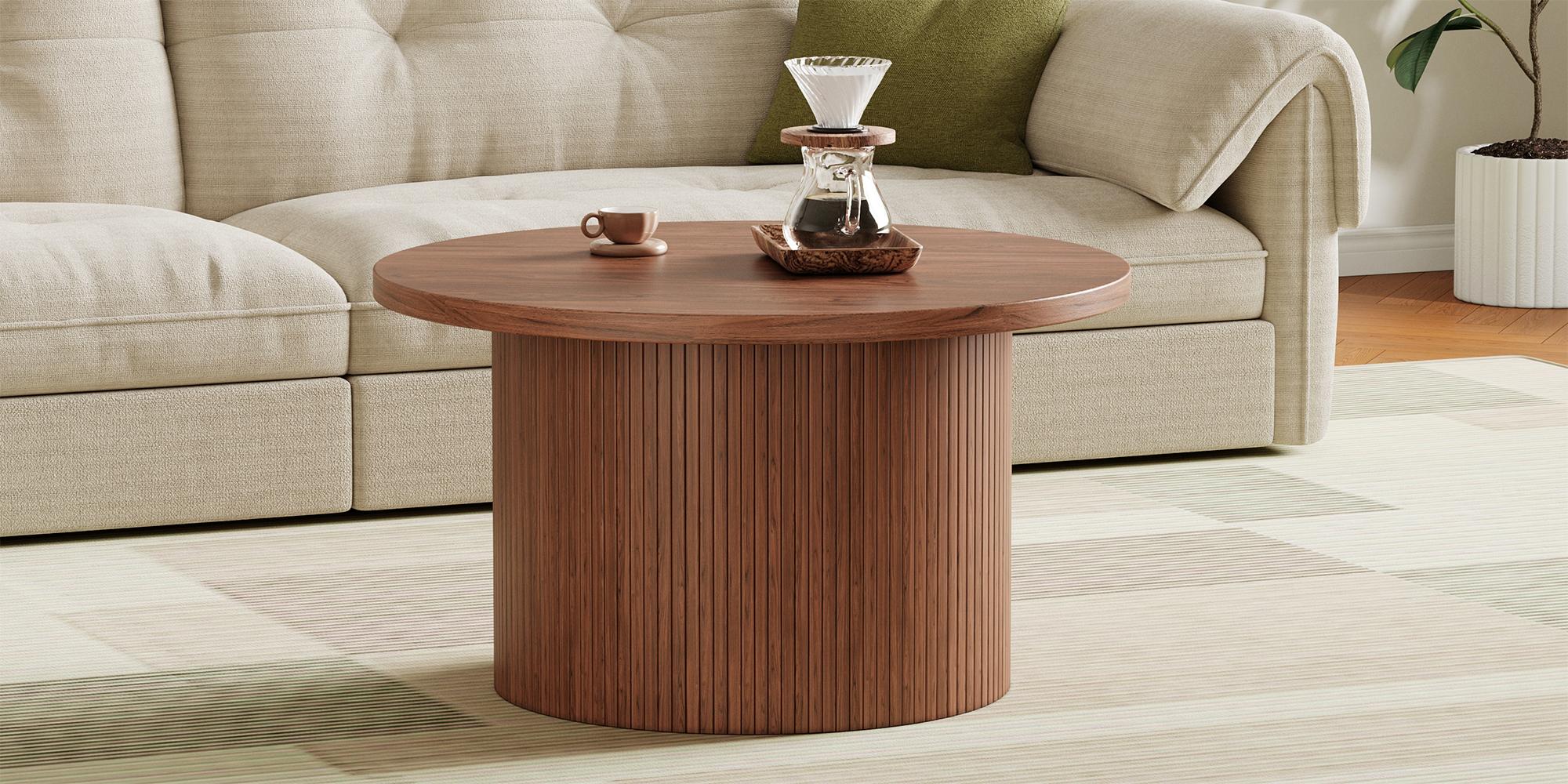 【Valentine's Day Gift】ONBRILL 31.5'' Round Coffee Table With Woodgrain Top And Tambour Shade Accents For Living Room