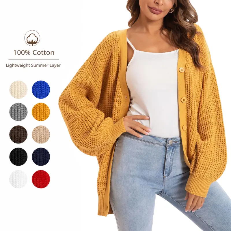 QUALFORT Women's Oversized Cardigan Sweater, Slouchy Cotton Knitwear with Lantern Sleeves, Casual Button-Down Long Sleeve Top, Baggy, Outfits, Plussize, Sweaters, Long Sleeve Tops,clothes for back to school,first day of school outfits