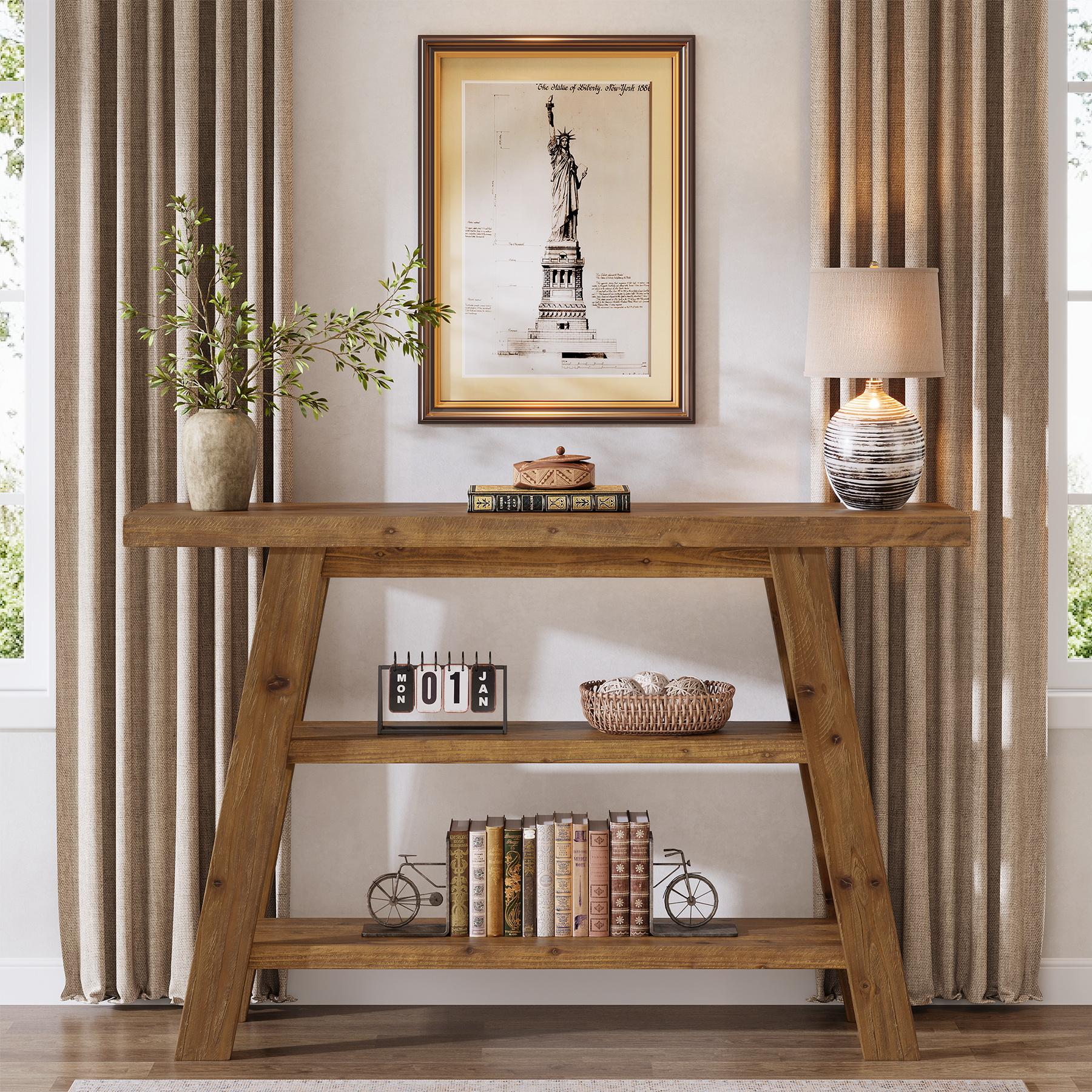 LITTLE TREE Solid Wood Console Table, 47.24" Long Farmhouse En,tryway Table with 3-Tier Shelves, Rectangular Couch Tables Behind Sofa, Narrow Accent Tables for Hallway, Entrance, Foyer, Living Room, Vintage Furniture