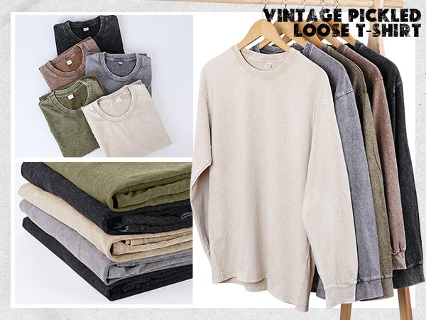 Gihuo Unisex Oversized Sweatshirt for Men Women Vintage Loose Fit Cotton Pullover Crewneck Baggy Acid Wash Long Sleeve Basic T-Shirt for Casual Wear Y2K