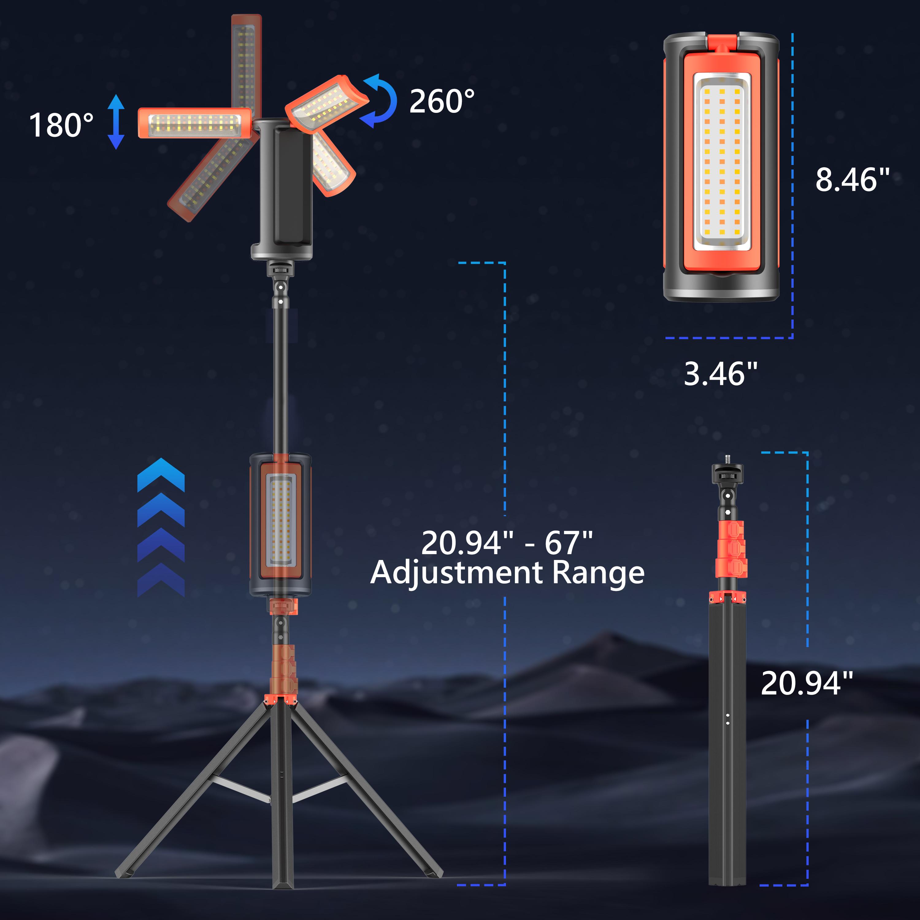 3-Head LED Camping Light with 10000mAh Power Bank - Portable Rechargeable Work Light with 67" Adjustable Stand & Detachable Tripod for Outdoor, Emergency, Camping, Fishing, Garage