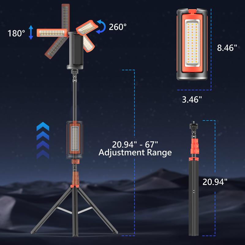 3-Head LED Camping Light with 10000mAh Power Bank - Portable Rechargeable Work Light with 67" Adjustable Stand & Detachable Tripod for Outdoor, Emergency, Camping, Fishing, Garage
